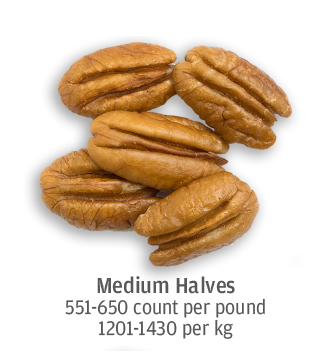 size comparison of medium sized pecan halves, 1201-1430 pecans per kilogram