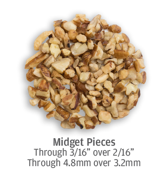 Irregularly cut midget pecan pieces up to 4.8 millimeters in size
