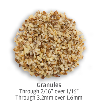 Fine pecan granules ranging from 1.6 to 3.2 millimeters