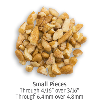 small sized pecan pieces up to 6.4 millimeters in size